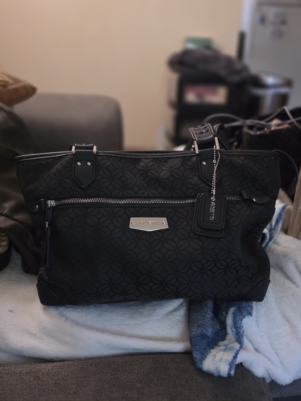 Rosetti Black Floral Geometric Satchel Shoulder Bag Front Zip Pocket Silver Tone